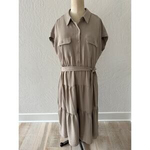 DKNY Womens Roll Sleeve Button Front Tie Waist Tiered Midi Dress $134 NEW Size 2